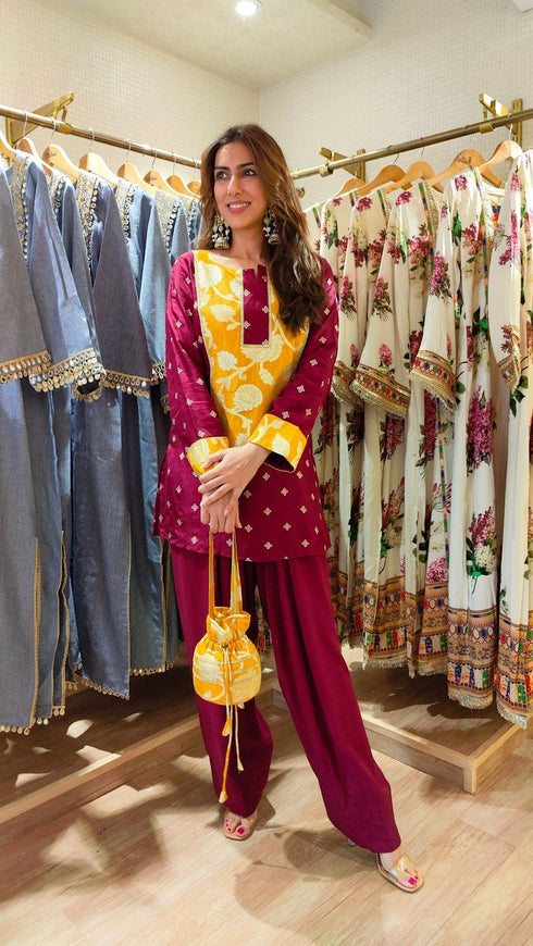 Maroon Jacquard Silk Farshi Set with Potli